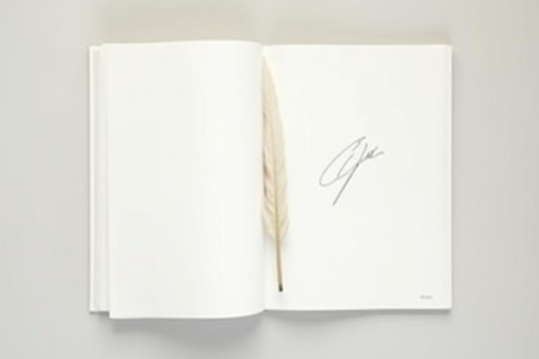 A modern hardcover book with a visible, authentic author signature on the title page, alongside a quill pen.