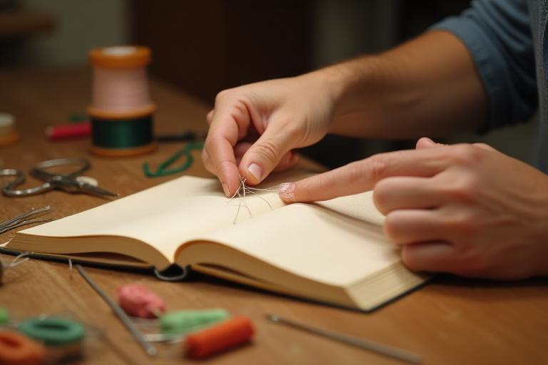 Hands carefully stitching the pages of a book together with thread and needle in a workshop setting.