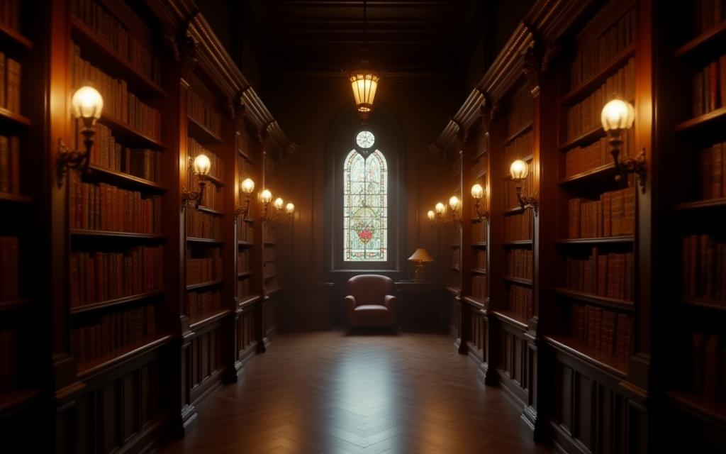 An elegant, warmly-lit library with floor-to-ceiling bookshelves, evoking a sense of history and knowledge.